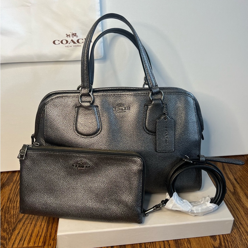 Coach Nolita Gunmetal Metallic Satchel Bag and Matching Credit Card Holder